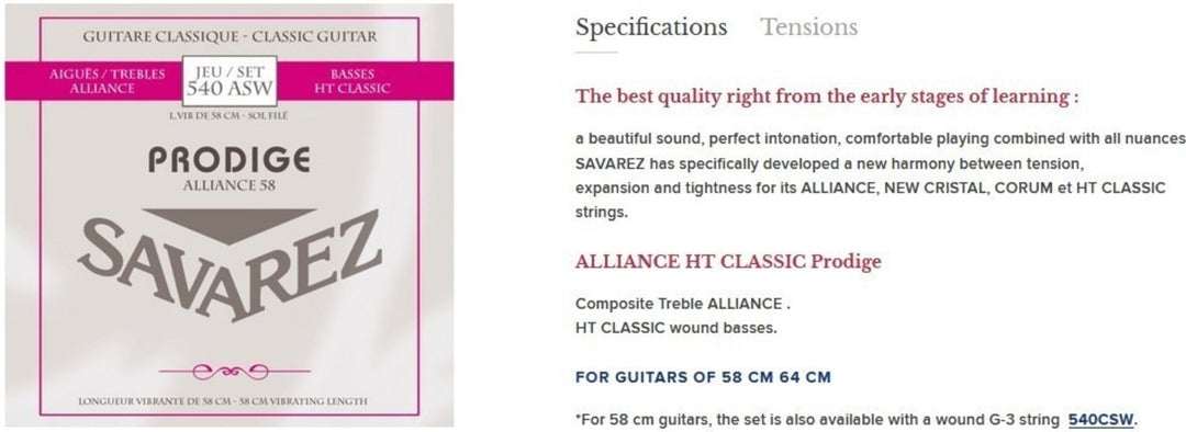 Savarez strängar för klassiska Gitarrer Prodige 38 Children's Gitarrer - 3/4-7/8 Carbon Gw (540ASW)