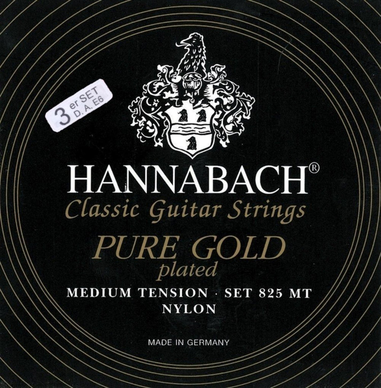 Hannabach strängar för klassisk gitarr serie 825 medium spänning specialiserad förgylld - 3-pack bas medium (8258MT)