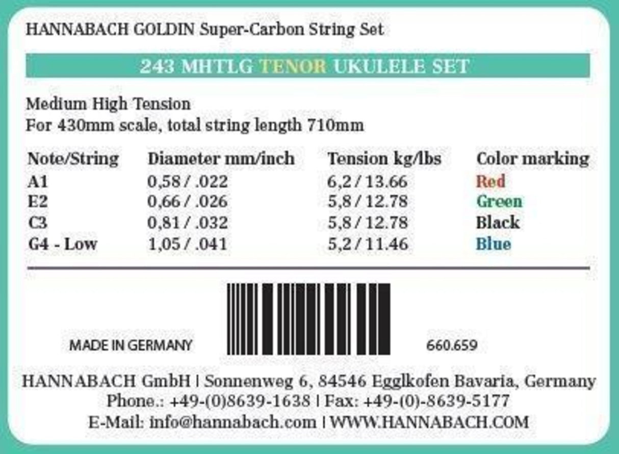 Hannabach strängar för ukulele tenorukulele Goldin 243MHTLG low G - set Low G (243MHTLG)