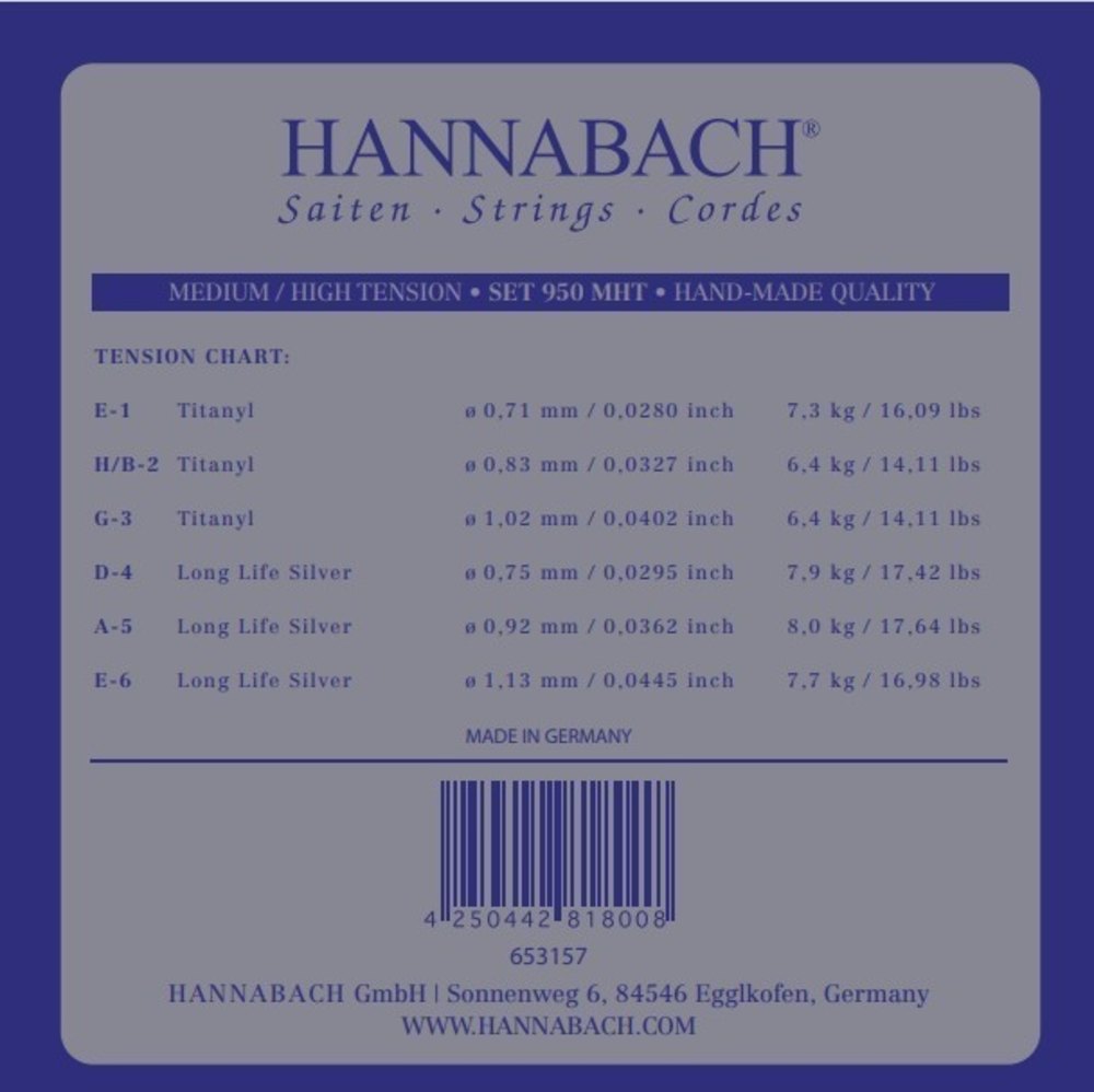 Hannabach 950 E1 diskantsträng, klassisk gitarr, medium/high tension