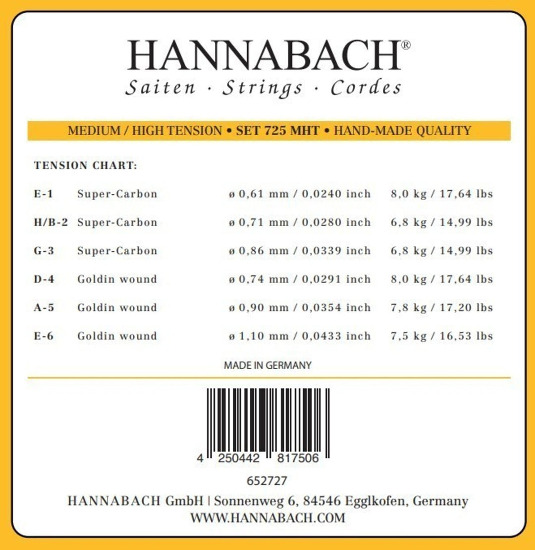 Hannabach strängar för klassisk gitarr serie 725 Medium/High Tension Goldin – diskantset 3 st (7258MHTC)