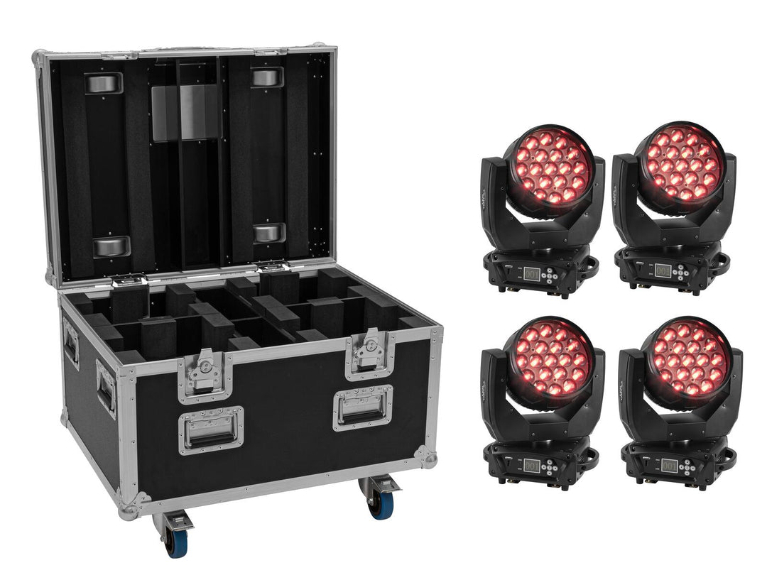 EUROLITE Set 4x LED TMH-X4 Movingheads Wash Zoom + EU Case med hjul
