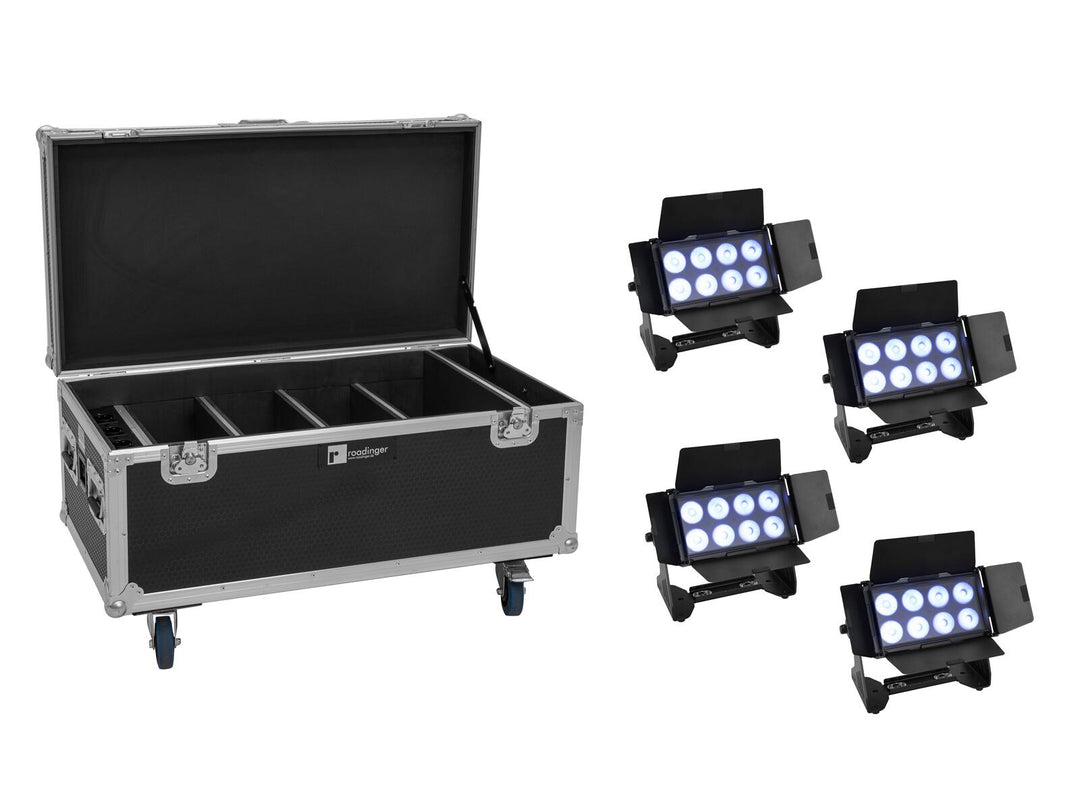 EUROLITE Set 4x AKKU Multiflood IP 8x10W RGBW Wash CRMX + Case med laddningsfunktion