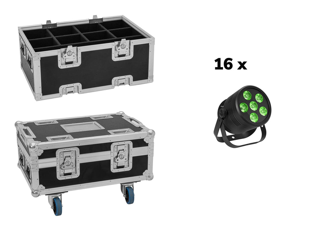 EUROLITE Set 16x LED Silent Par 6 QCL golv bk + väska