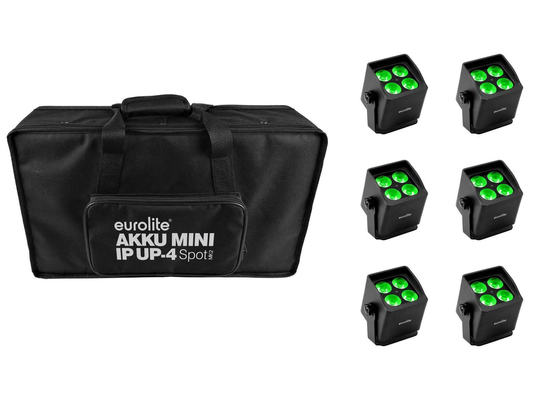 EUROLITE Set 6x AKKU Mini IP UP-4 QCL Spot MK2 + mjuk väska