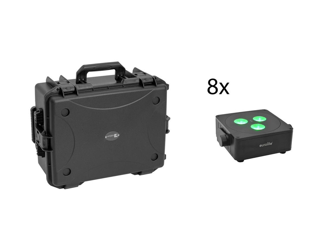 EUROLITE Set 8x AKKU IP Flat Light 3 bk + Plastic case med trolley