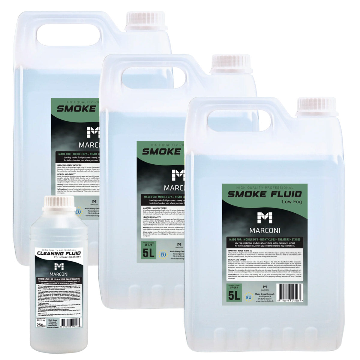 3 x 5L rökvätska (Low Fog) + 250ml Rengöringsvätska