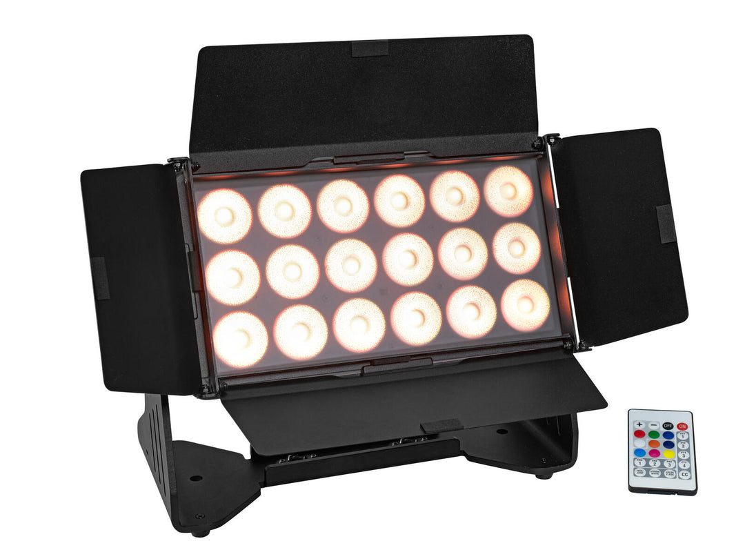 EUROLITE Set 4x AKKU Multiflood IP 18x10W RGBW Wash CRMX + Case med hjul