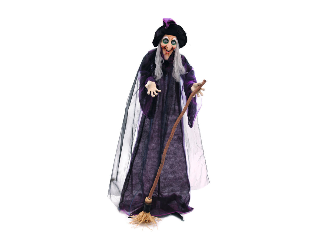 Halloween heks med kost, animeret, 175 cm