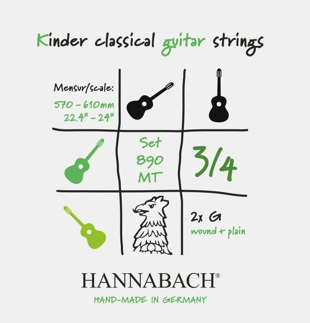 Hannabach strängar för klassisk gitarr serie 890 3/4-gitarr för barn Mensur: 57-61cm - Set med 2 G-strängar (890MT 3/4)