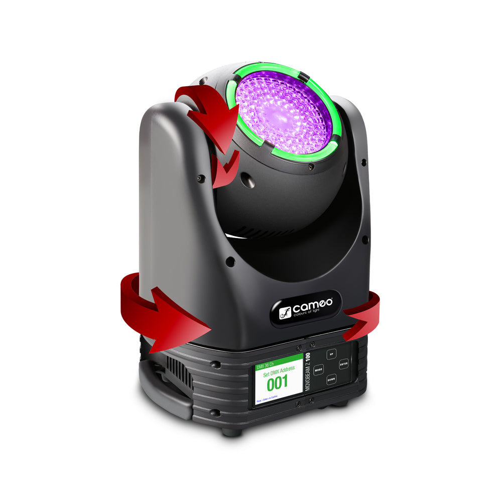 Cameo MOVO BEAM Z100 - Beam-moving head med obegränsad rotation, LED-ring och zoom