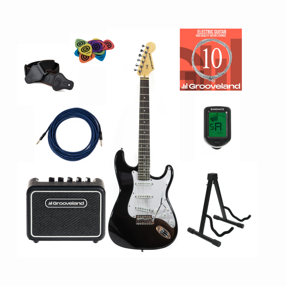 Grooveland ST El-guitar (Svart) Startpaket