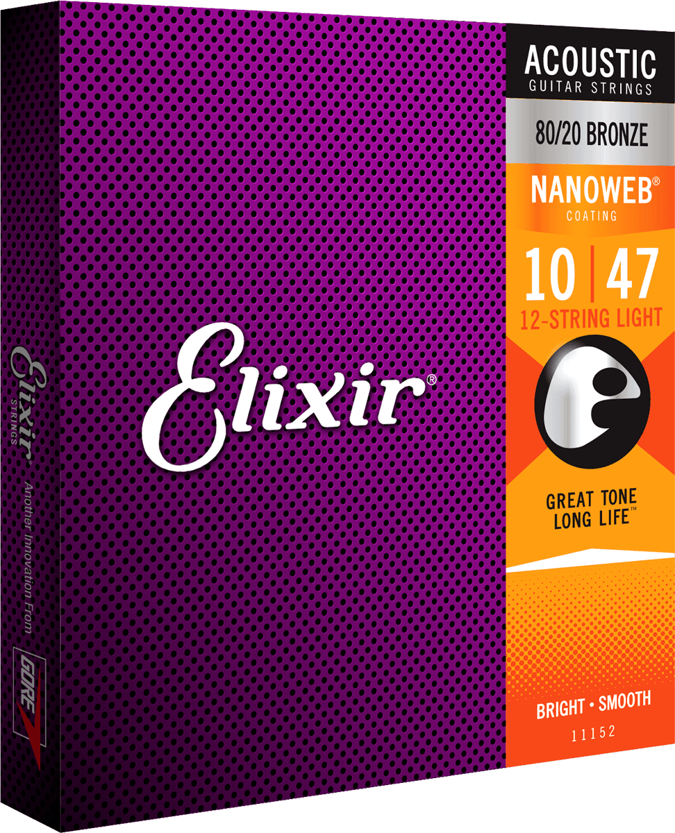 Elixir Nanoweb Bronze 80/20 gitarrsträngar (12-strängar, lätta, 10-47)