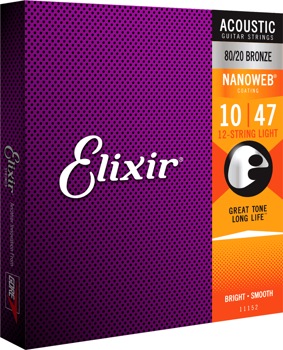 Elixir Nanoweb Bronze 80/20 gitarrsträngar (12-strängar, lätta, 10-47)