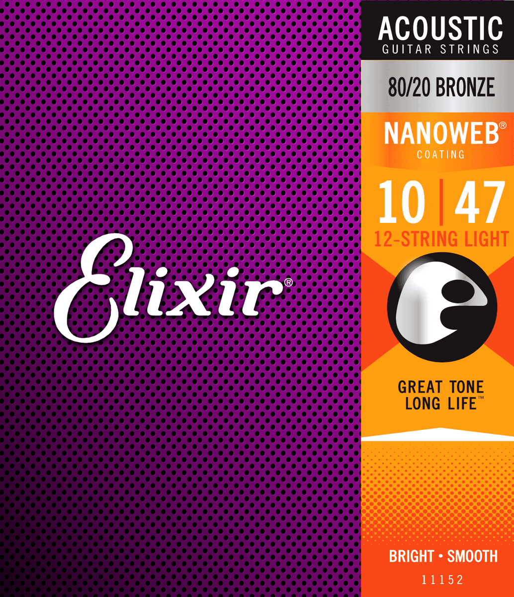 Elixir Nanoweb Bronze 80/20 gitarrsträngar (12-strängar, lätta, 10-47)
