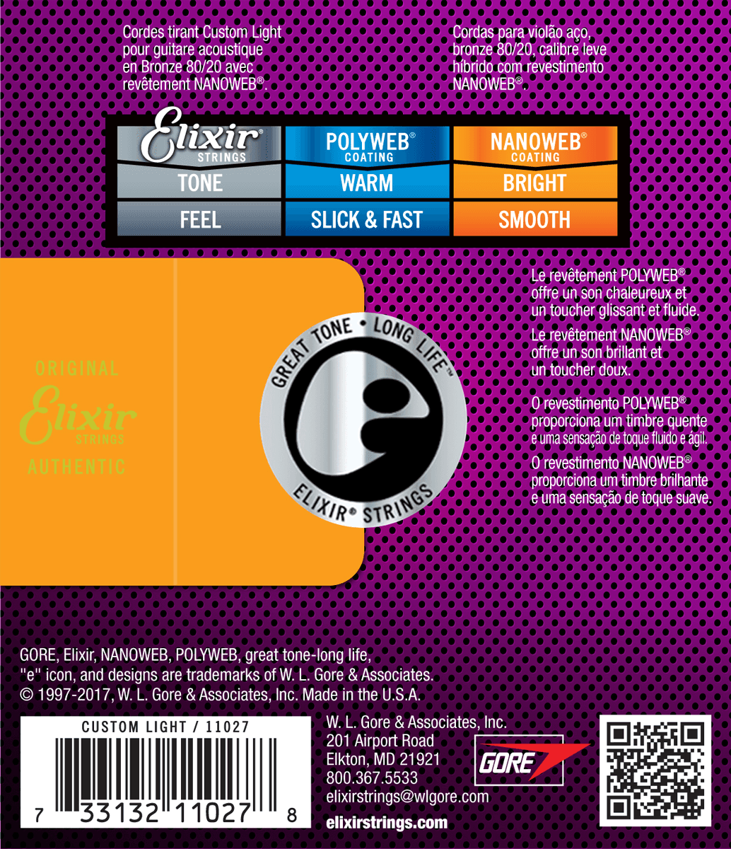 Elixir Nanoweb Bronze 80/20 gitarrsträngar (Custom Light, 11-52)