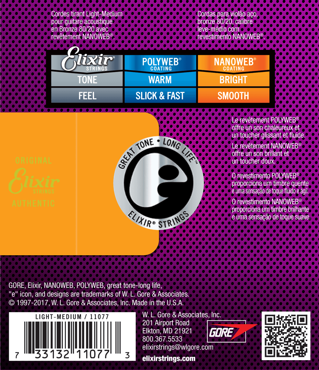 Elixir Nanoweb Bronze 80/20 gitarrsträngar (Medium Light, 12-56)