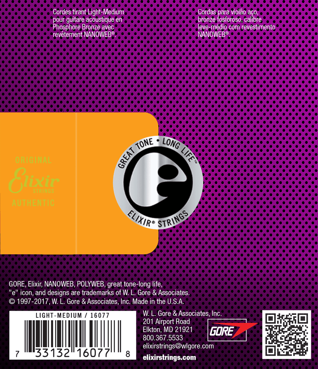 Elixir Nanoweb Phosphor Bronze gitarrsträngar (Medium Light, 12-56)