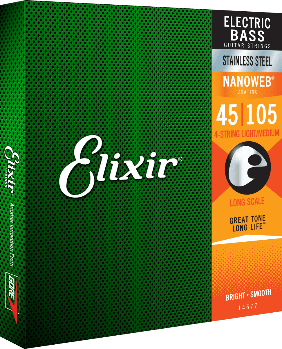 Elixir Nanoweb bassträngar i rostfritt stål (Medium, 4c, 45-105)