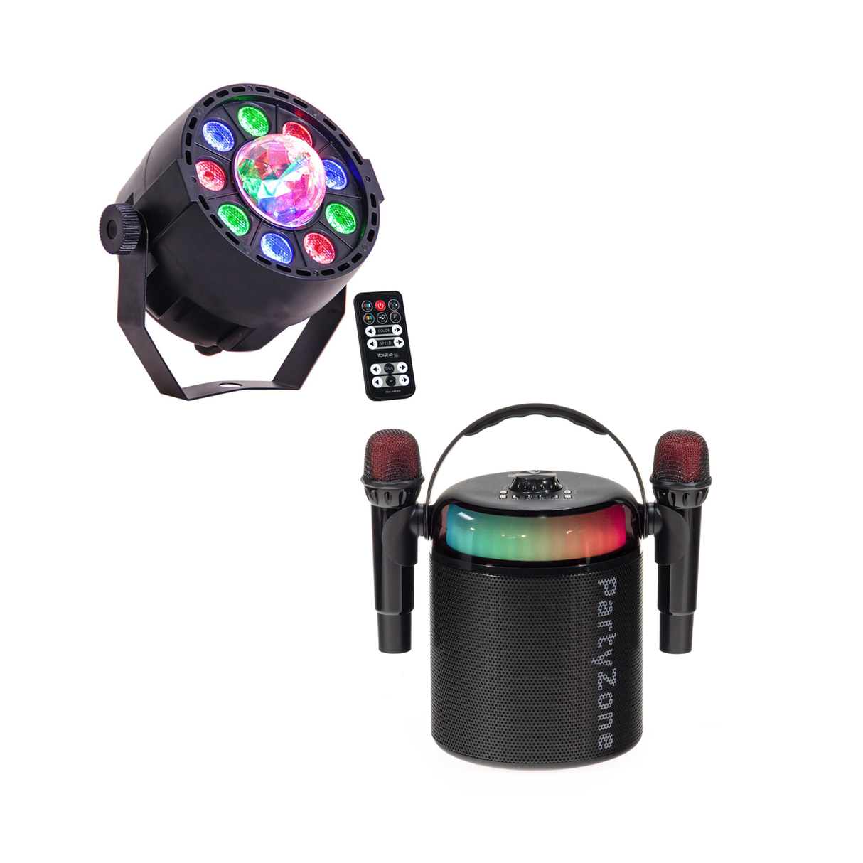 PartyZone Karaoke Set med 2 Mikrofoner (Svart) & LED PAR-ASTRO 2-i-1 Diskoljus