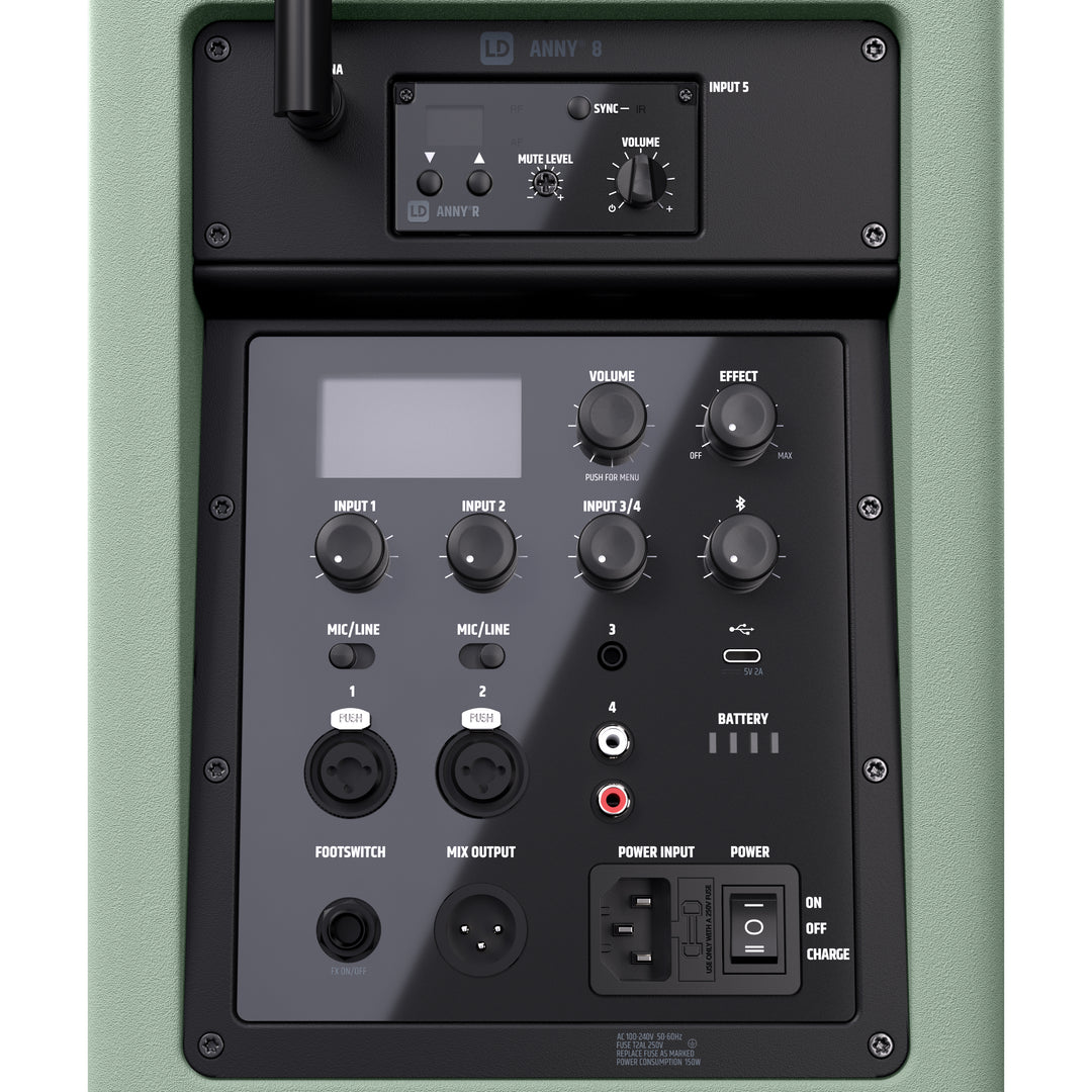 LD Systems ANNY® 8 BPH B8 GN - Portabel batteridriven Bluetooth® PA-högtalare med mixer och 1x headset-mikrofon (inkl. bodypack), Adventure Green