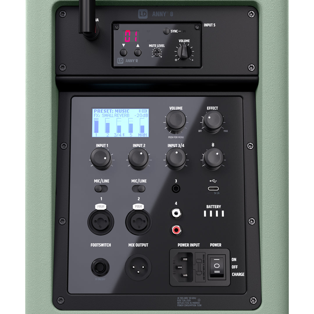 LD Systems ANNY® 8 HHD B6 GN - Portabel batteridriven Bluetooth® PA-högtalare med mixer och 1x trådlös handhållen mikrofon, Adventure Green