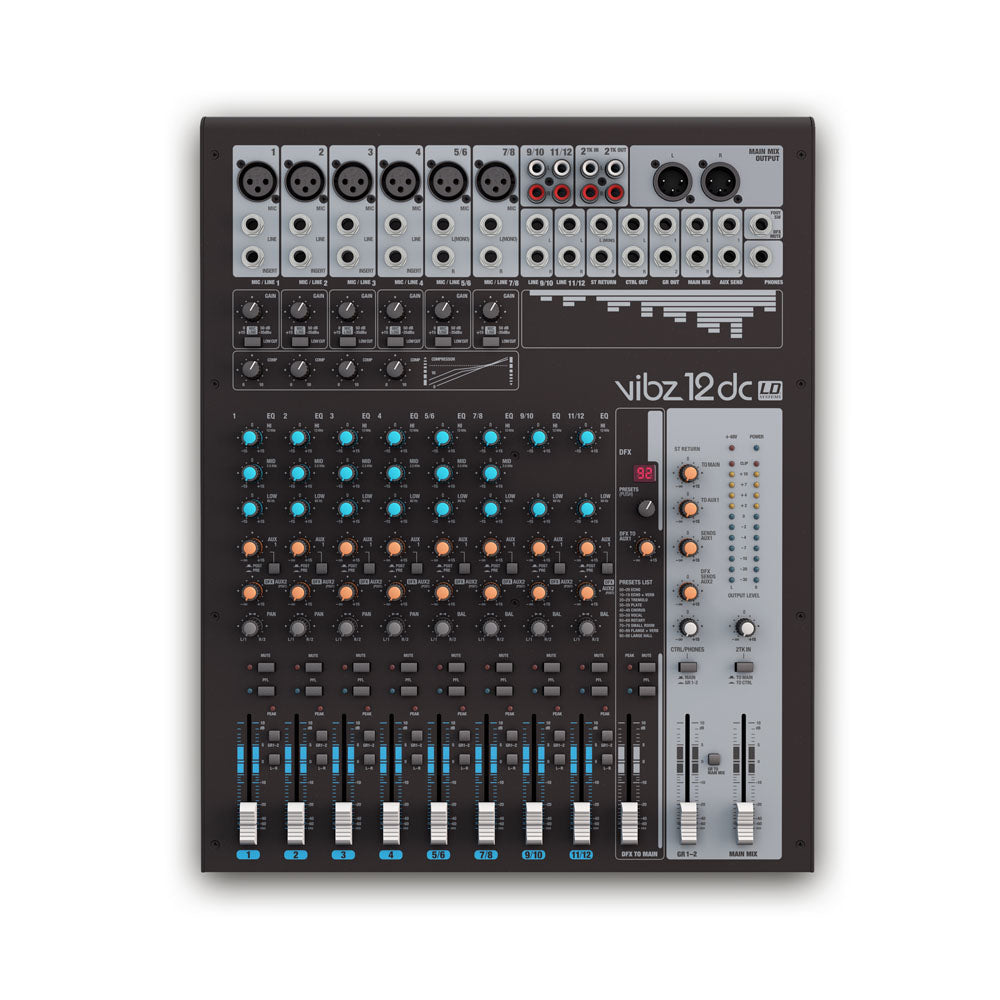 LD Systems VIBZ 12 DC - 12-kanals mixerkonsol med DFX och kompressor