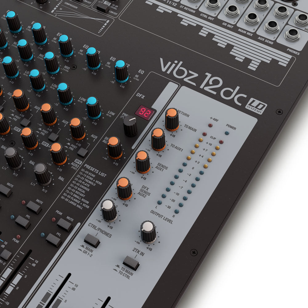 LD Systems VIBZ 12 DC - 12-kanals mixerkonsol med DFX och kompressor