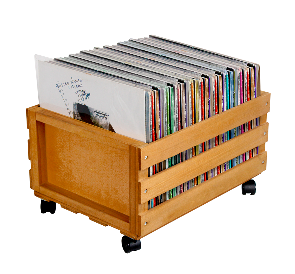 Vinylbox med hjul i ljust trä