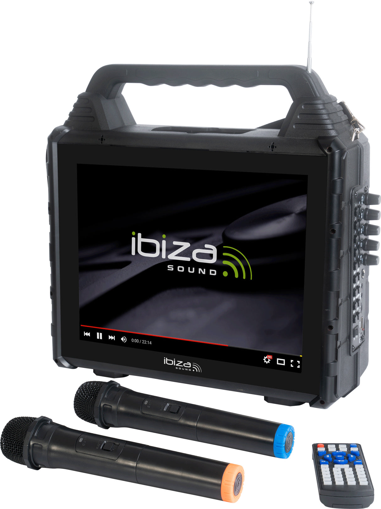 Bärbart karaokesystem med skärm och 2 mikrofoner