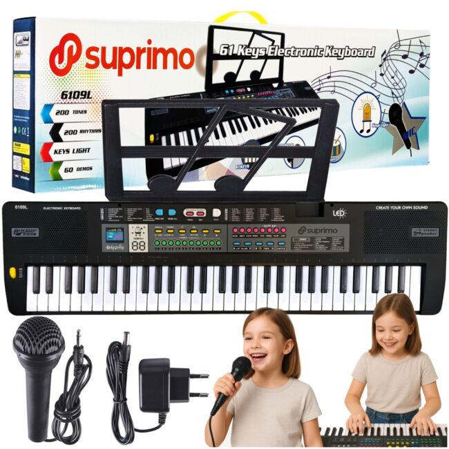 SUPRIMO 6109L Keyboard med Lysende Tangenter, Mikrofon og Nodestativ