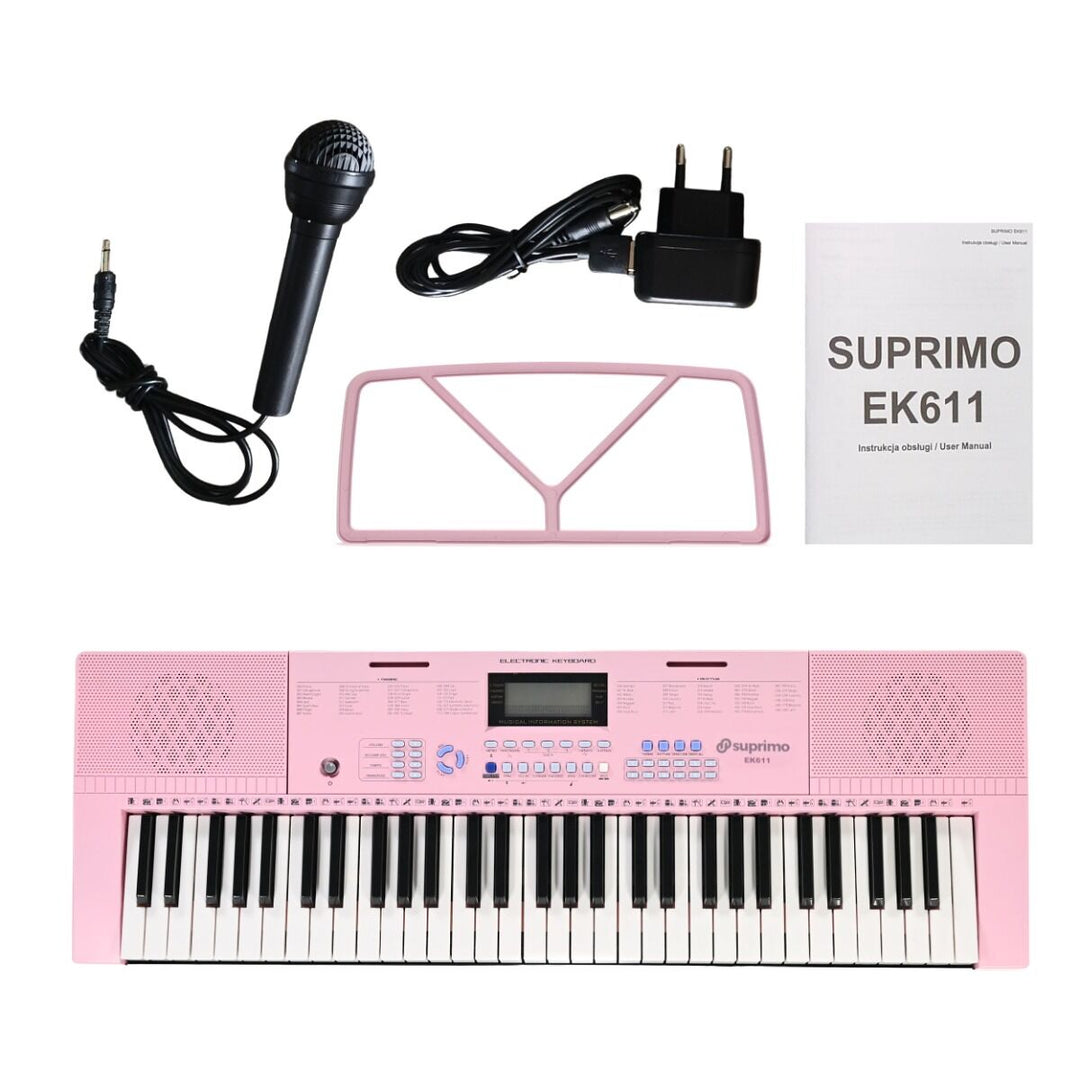 SUPRIMO Keyboards 61 Tangenter Pink med Mikrofoner og Nodestativ