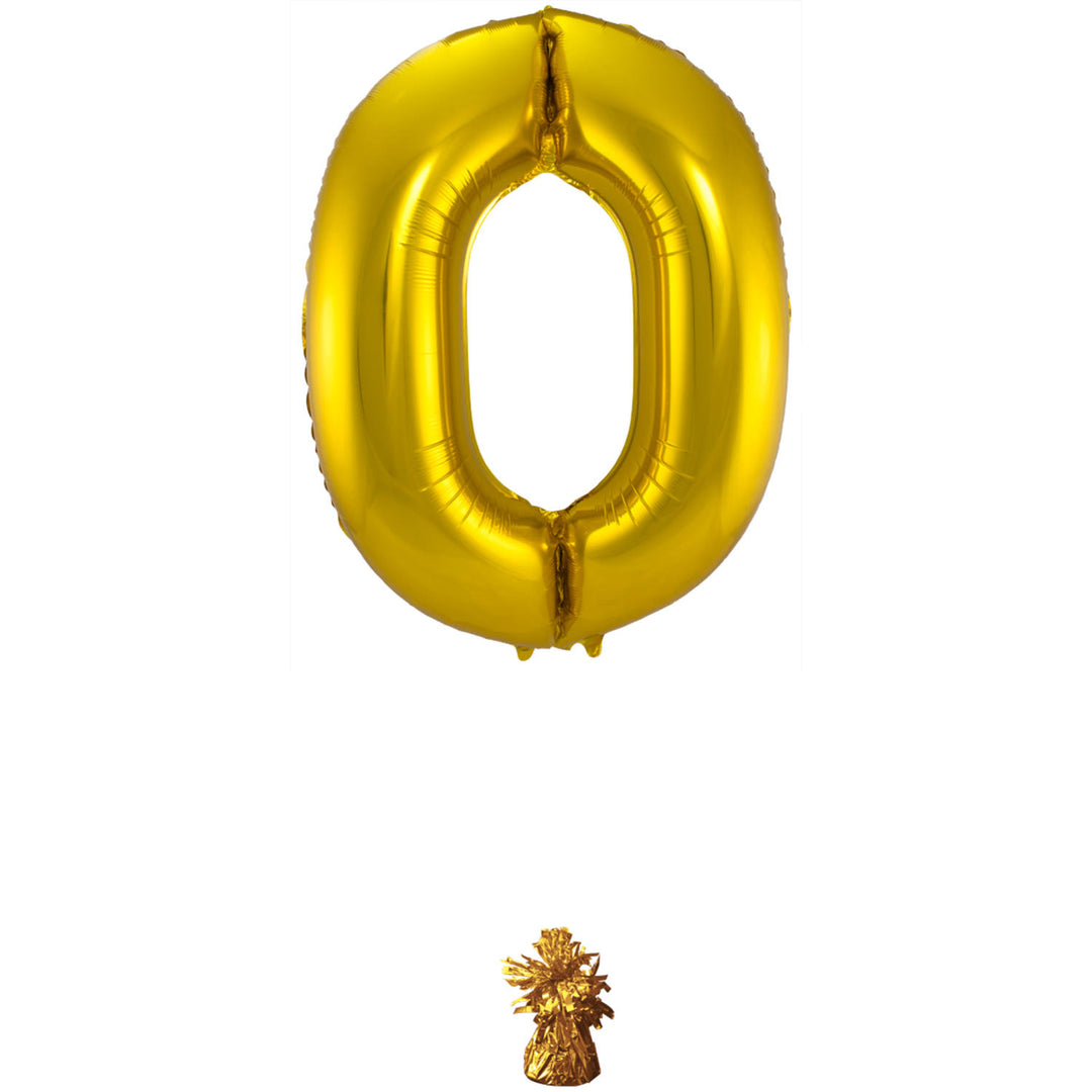 0 formad nummerfolieballong (guld, 86 cm)