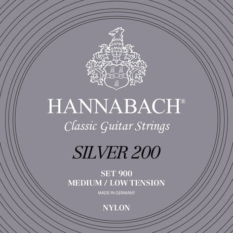 Hannabach strängar för klassisk Gitarrer serie 900 medel/låg spänning Silver 200 - set medel låg (900MLT)