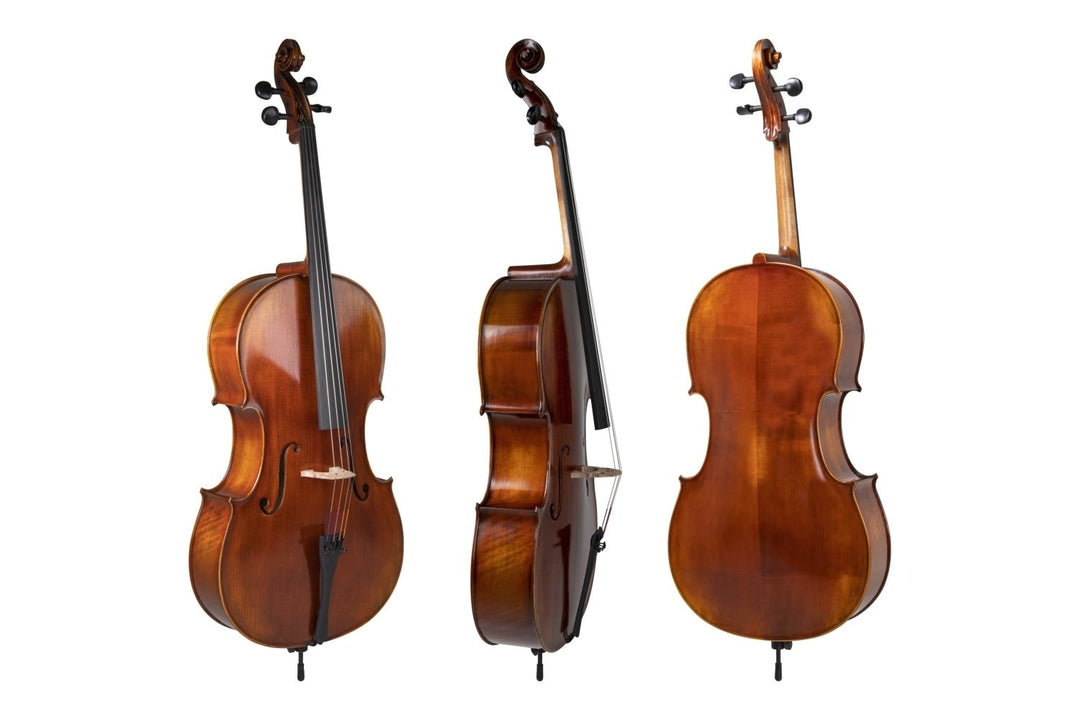 GEWA Cellos Allegro Antique - 1/2 (Justerad med Wittner-stämhållare med finstämmare inkl. väska, kolfiberstråke, Larsen Aurora-strängar)