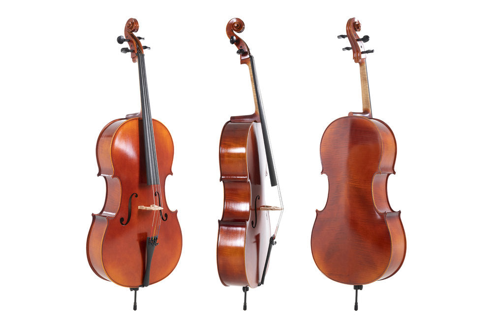 GEWA Ideale cello 4/4, uppsatt med Wittner-stränghållare och väska