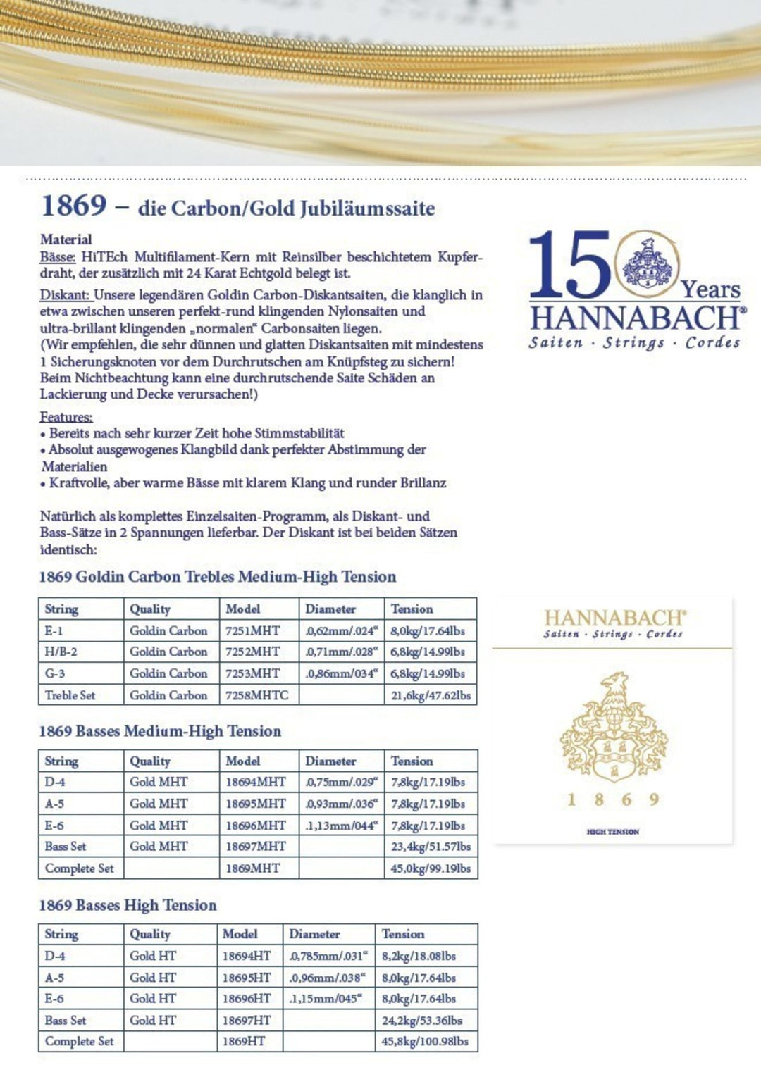 Hannabach strängar för klassisk gitarr Serie 1869 Carbon/Gold MHT - Set MHT (1869MHT)