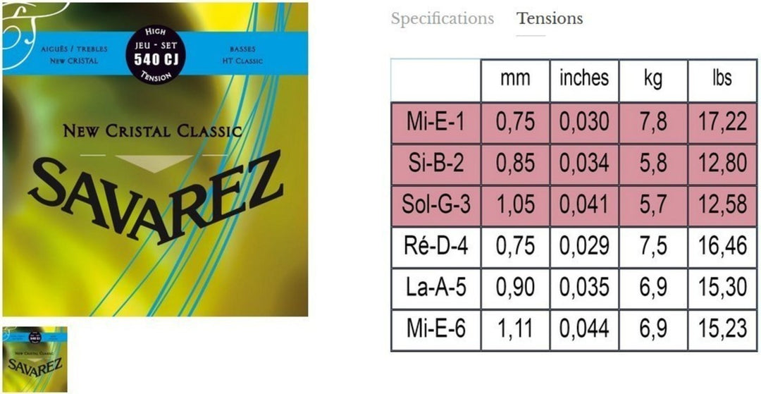 Savarez strängar för klassiska Gitarrer New Cristal Classic - Set hög (540CJ)