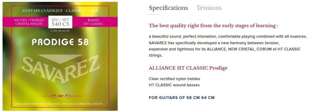 Savarez strängar för klassiska Gitarrer Prodige 38 barn-Gitarrer - 3/4-7/8 nylon (540 CS)