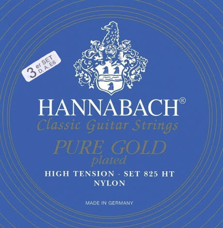Hannabach strängar för klassisk gitarr serie 825 hög spänning specialiserad förgylld - 3-pack bas hög (8258HT)