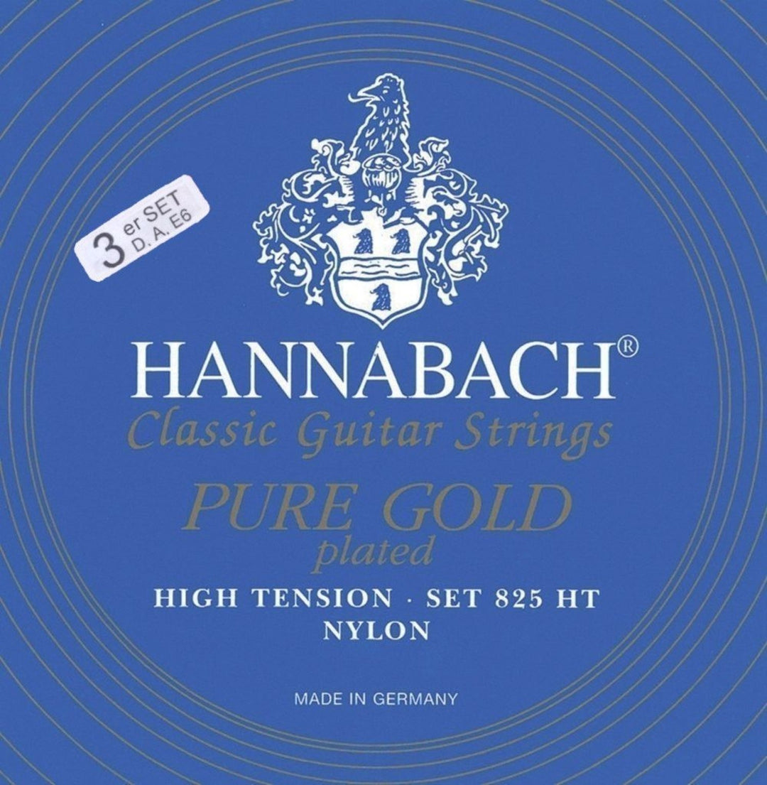 Hannabach strängar för klassisk gitarr serie 825 hög spänning specialiserad förgylld - 3-pack bas hög (8258HT)