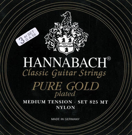 Hannabach strängar för klassisk gitarr serie 825 medium spänning specialiserad förgylld - 3-pack bas medium (8258MT)