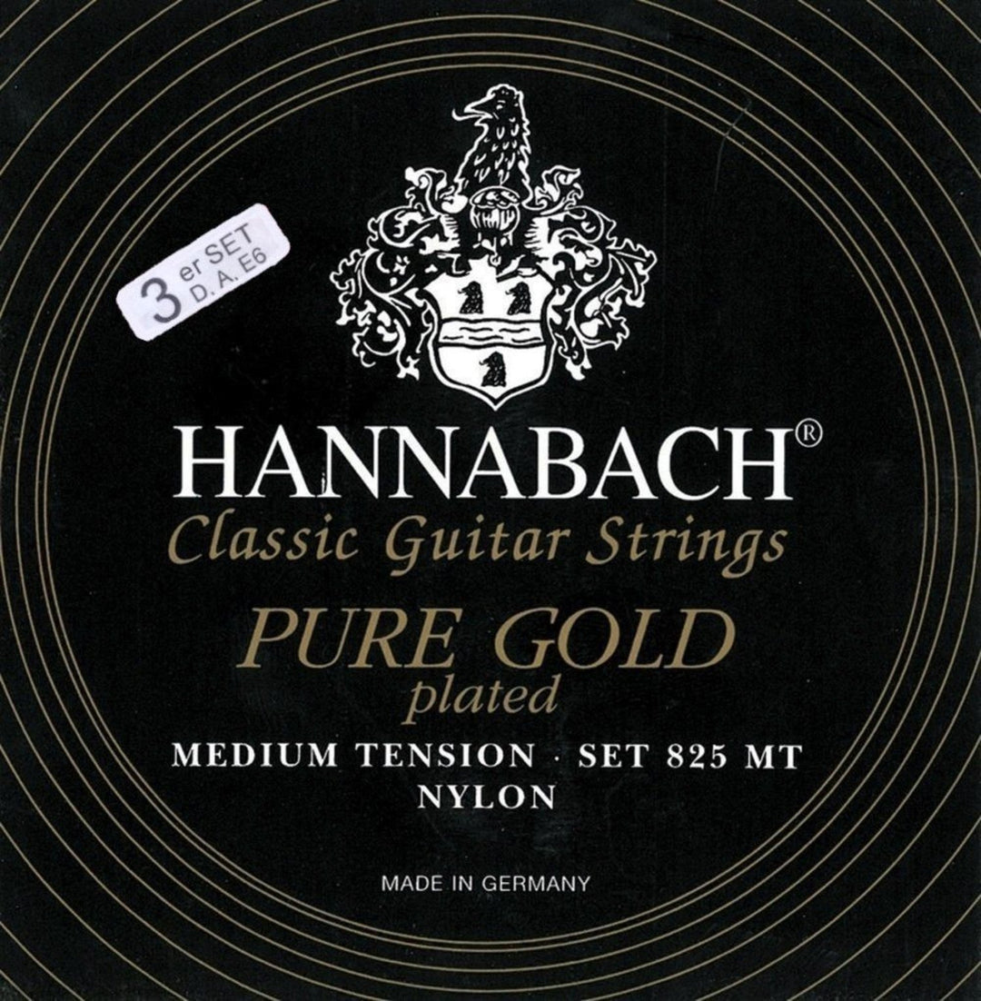 Hannabach strängar för klassisk gitarr serie 825 medium spänning specialiserad förgylld - 3-pack bas medium (8258MT)