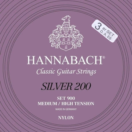 Hannabach Strängar för klassisk gitarr Serie 900 Medium/High Tension Silver 200 - 3-pack bassträngar med-hi (9007MHT)