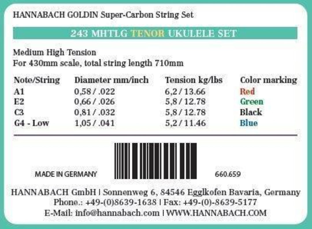 Hannabach strängar för ukulele tenorukulele Goldin 243MHTLG low G - set Low G (243MHTLG)