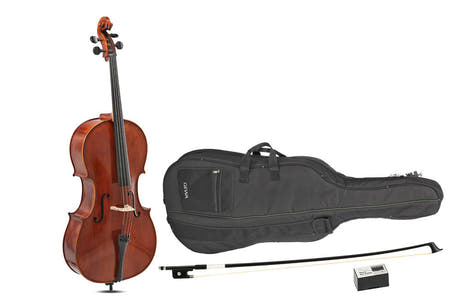 GEWA Sonata Europa cello 3/4, uppsatt med kolfiberbåge och väska
