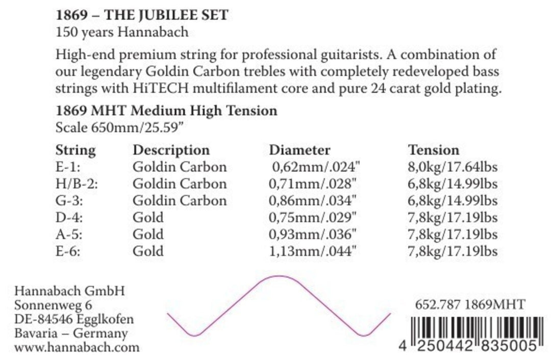 Hannabach strängar för klassiska Gitarrer Serie 1869 Carbon/Gold MHT - 3-pack bas-set (18697MHT)