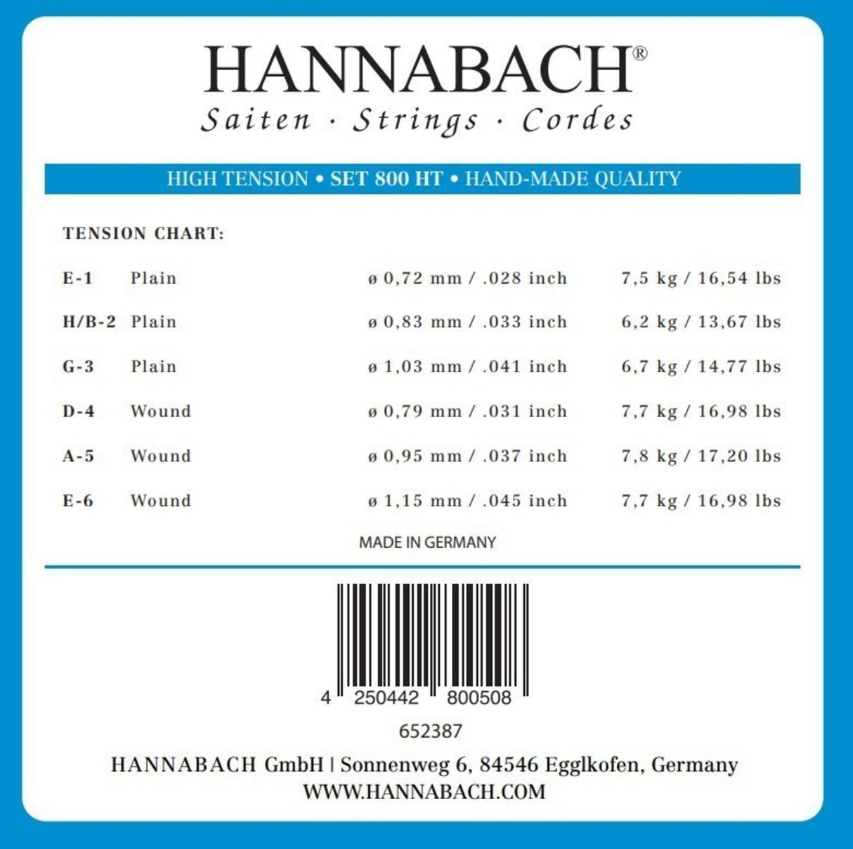 Hannabach strängar för klassisk gitarr serie 800 High tension silverpläterade - Set high (800HT)