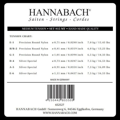 Hannabach 815 diskantset E1, H/B2 och G3, medium spänning