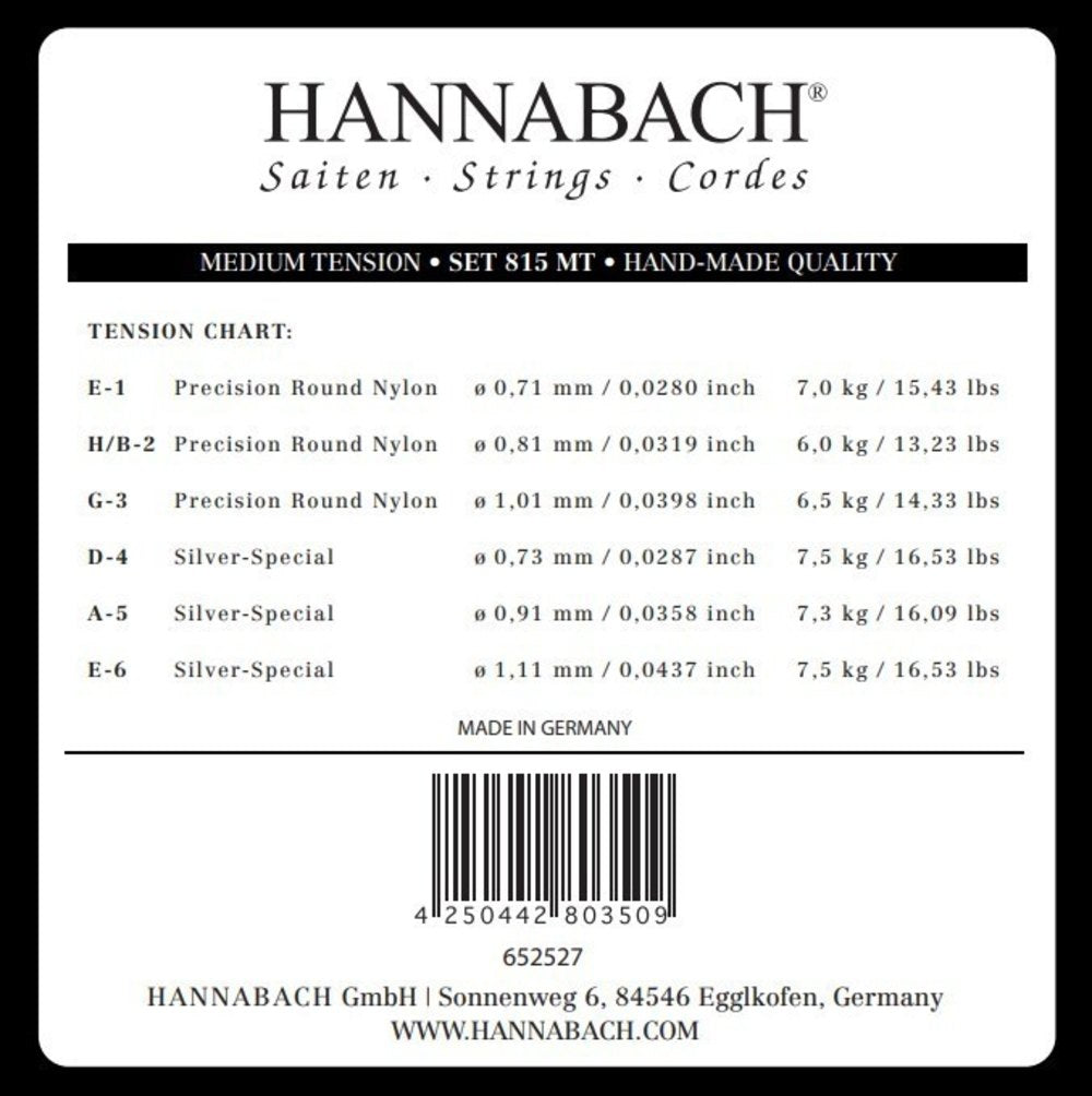 Hannabach 815 diskantset E1, H/B2 och G3, medium spänning